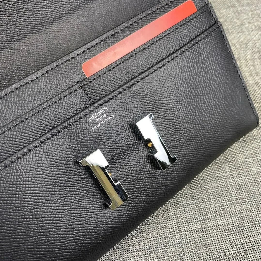 Hermes Constance Togo Long Wallet in Silver Toned Hardware Black