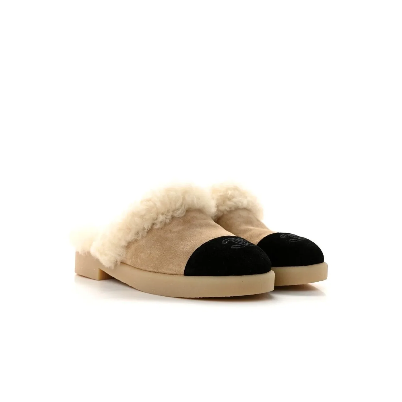 Chanel Shearling Two in Tone Mules Beige/Black Chanel Shearling Two in Tone Mules Beige/Black