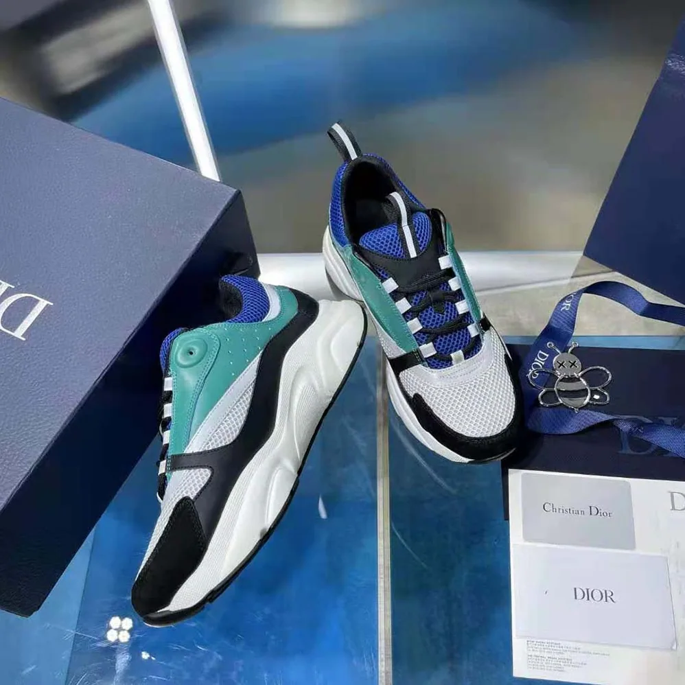 Dior B22 Sneaker White and Blue Technical Mesh with Deep Green and Black Smooth Calfskin for Men
