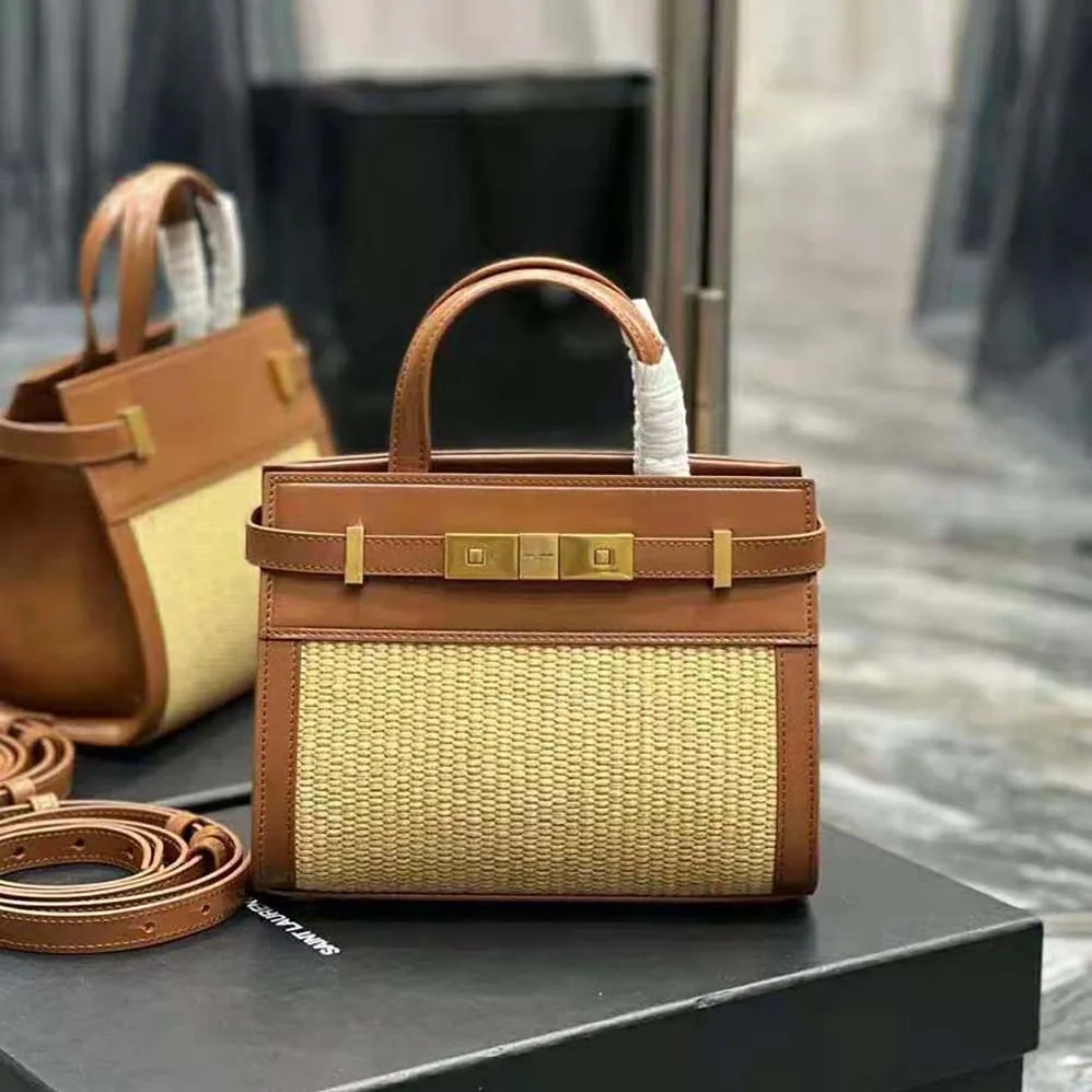 Saint Laurent YSL Manhattan Nano Shopping Bag in Raffia and Smooth Leather for Women in Brown Saint Laurent YSL Manhattan Nano Shopping Bag in Raffia and Smooth Leather for Women in Brown