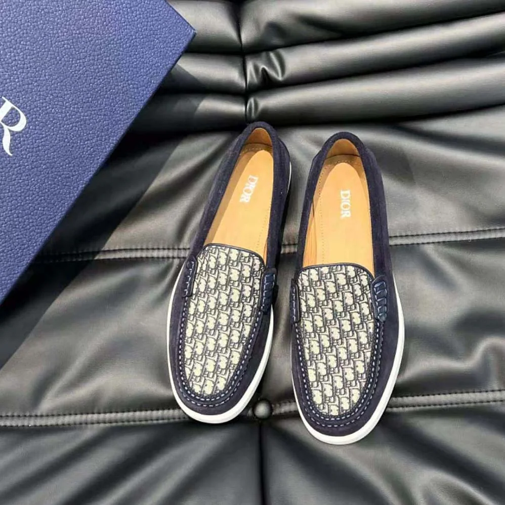 Dior Granville Loafer Navy Blue Suede with Beige and Black Dior Oblique Jacquard for Men