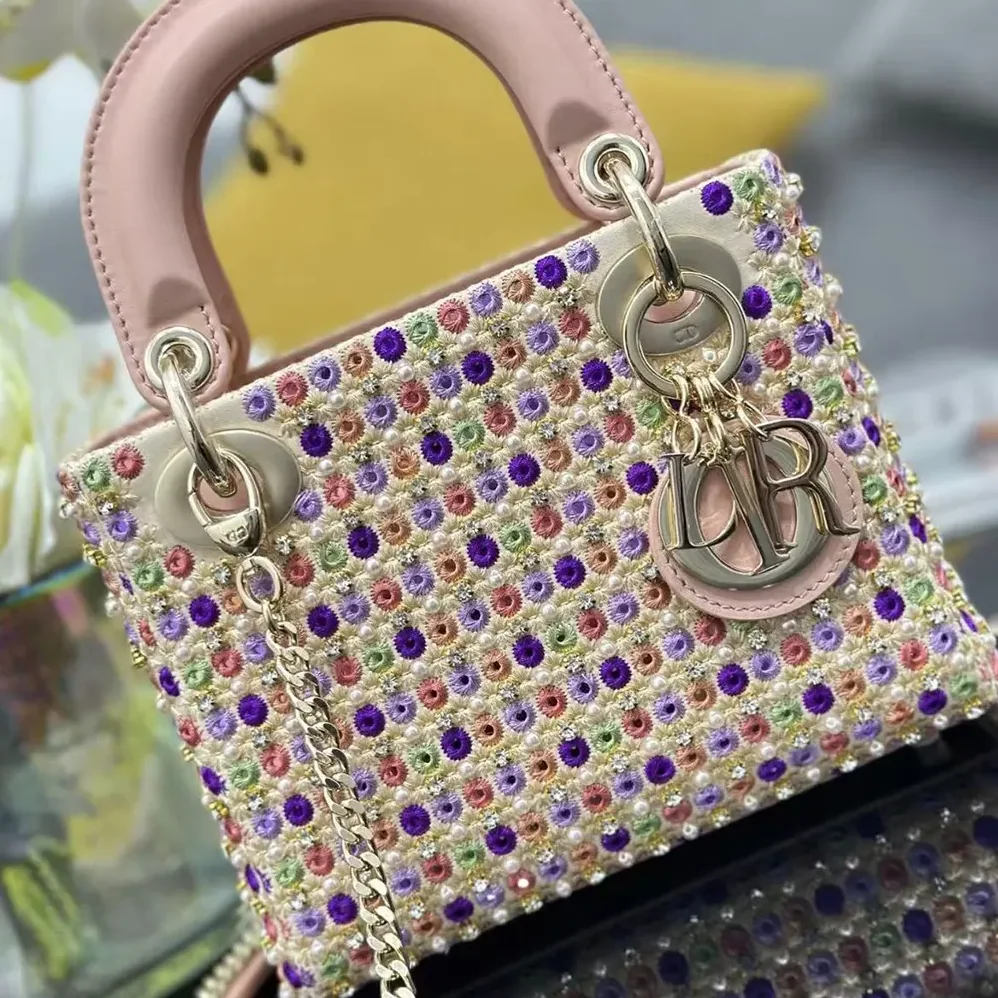 Dior Lady Dior Bag Metallic Calfskin and Satin with Celestial Pink Bead Embroidery for Women Dior Lady Dior Bag Metallic Calfskin and Satin with Celestial Pink Bead Embroidery for Women