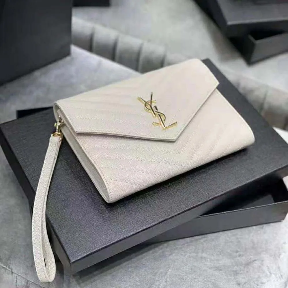 Saint Laurent YSL Monogram Clutch in Quilted Grain de Poudre Embossed Leather for Women