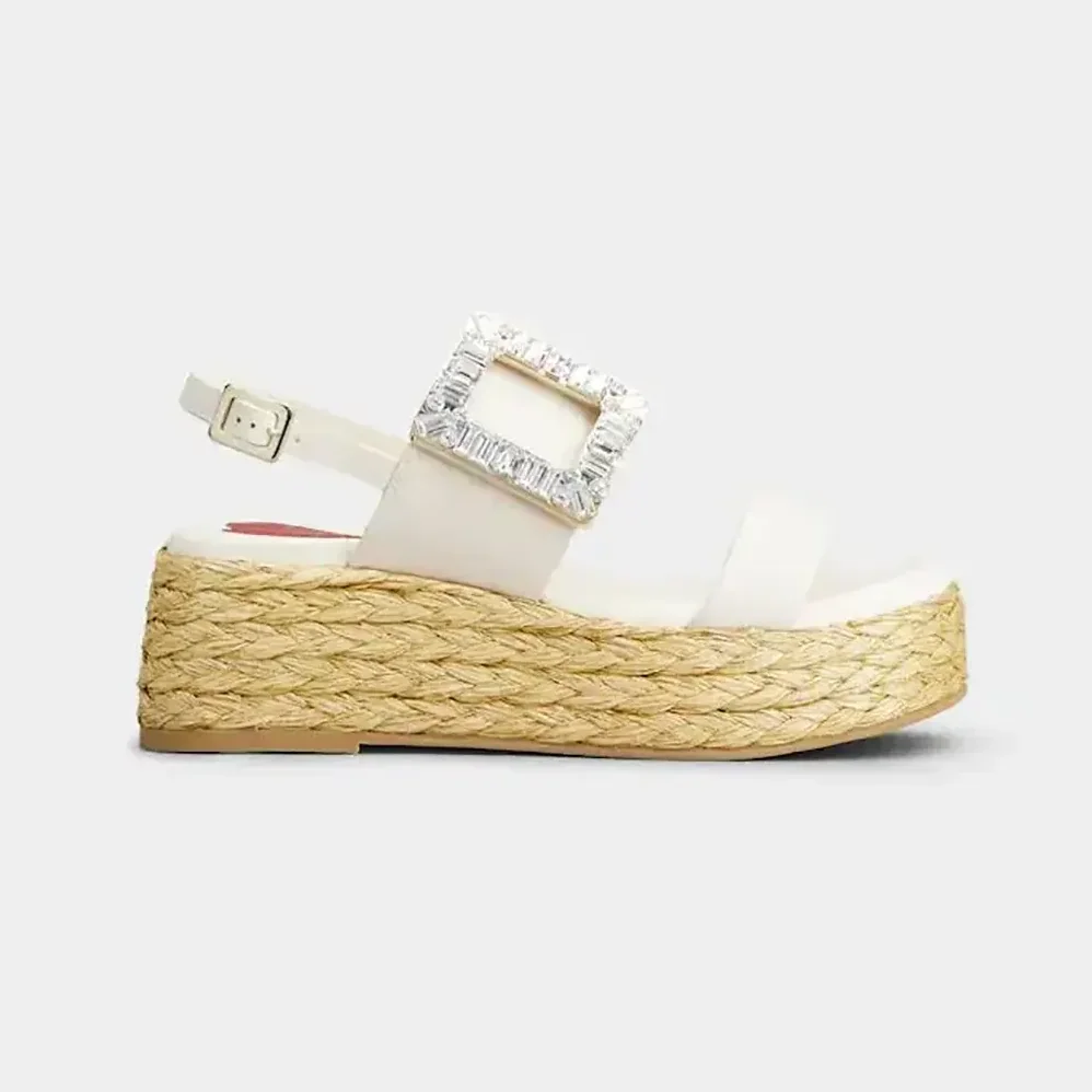Roger Vivier Strass Buckle Raffia Wedge Sandals in Leather for Women Roger Vivier Strass Buckle Raffia Wedge Sandals in Leather for Women