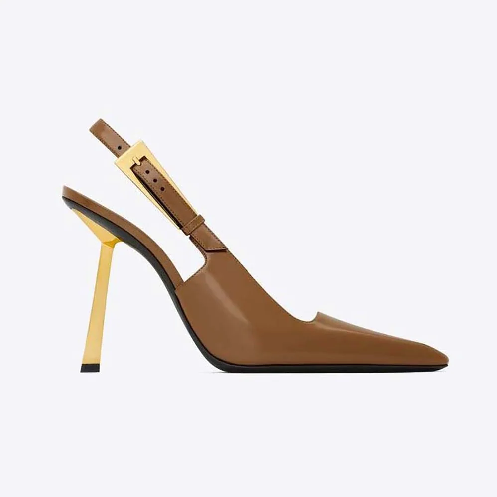 Saint Laurent YSL Lee Slingback Pumps in Glazed Leather for Women in Brown Saint Laurent YSL Lee Slingback Pumps in Glazed Leather for Women in Brown
