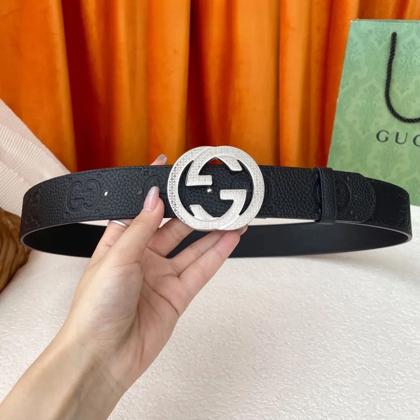 Gucci GG Pebbled Monogram Belt Black With Silver Crystal Buckle Gucci GG Pebbled Monogram Belt Black With Silver Crystal Buckle