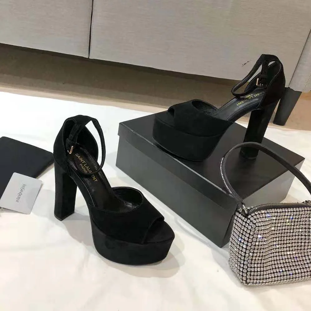 Saint Laurent YSL Jodie Platform Sandals in Suede for Women in Black