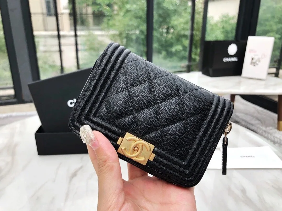 Chanel CO-CO Boy Chanel Zipped Coin Purse in Gold Toned Hardware Black