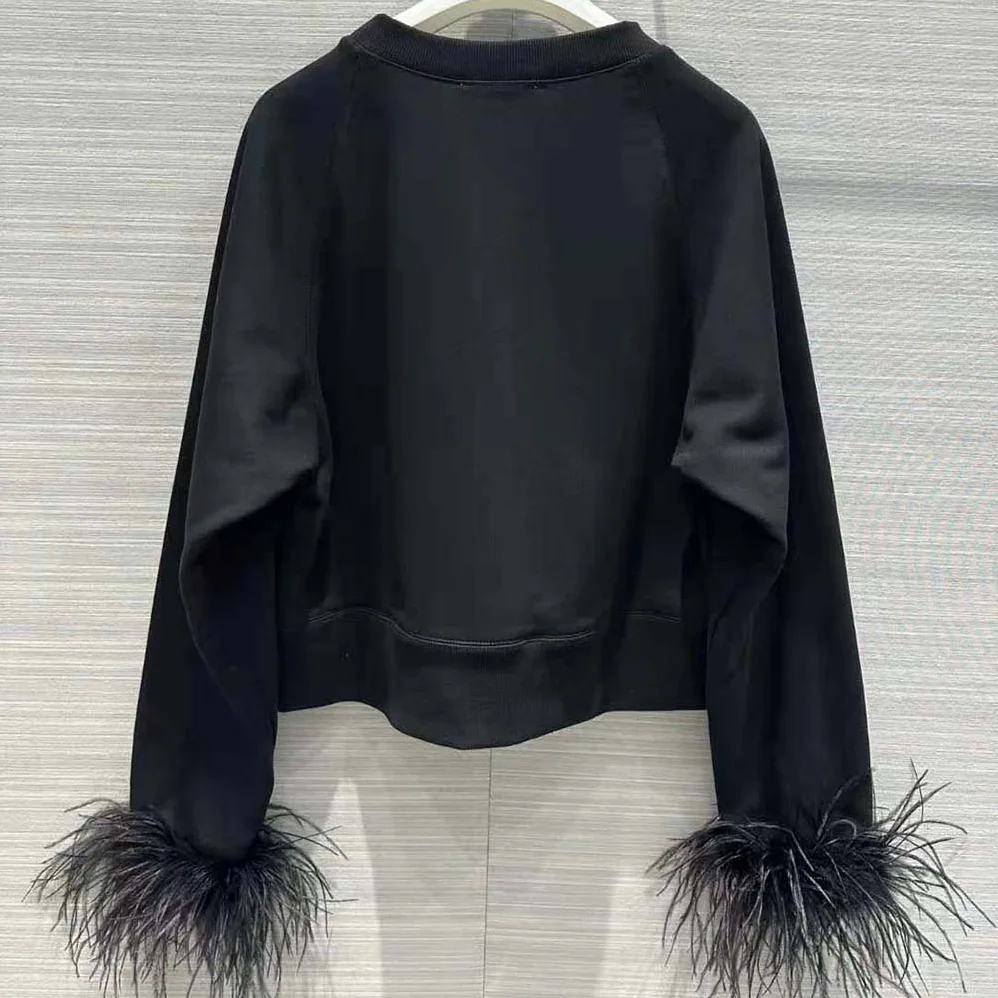 Prada Crew-neck Sweatshirt with Feather Trim for Women in Black
