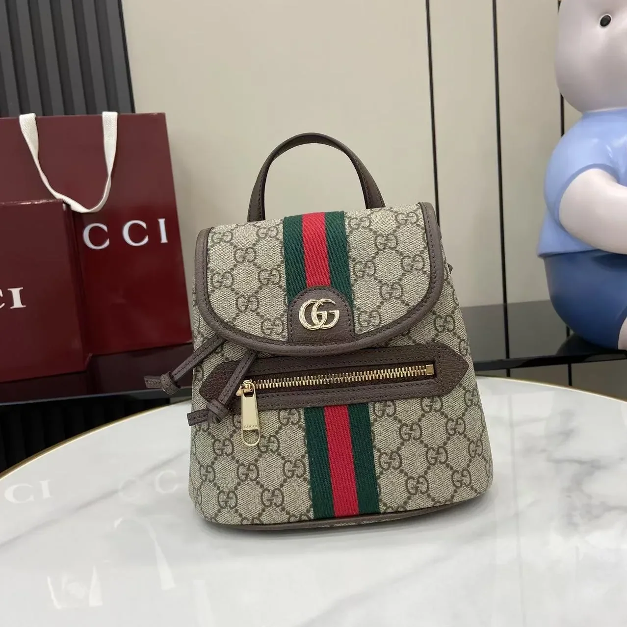 Gucci Ophidia Mini Backpack / Beige/ Dark Brown Gold Hardware