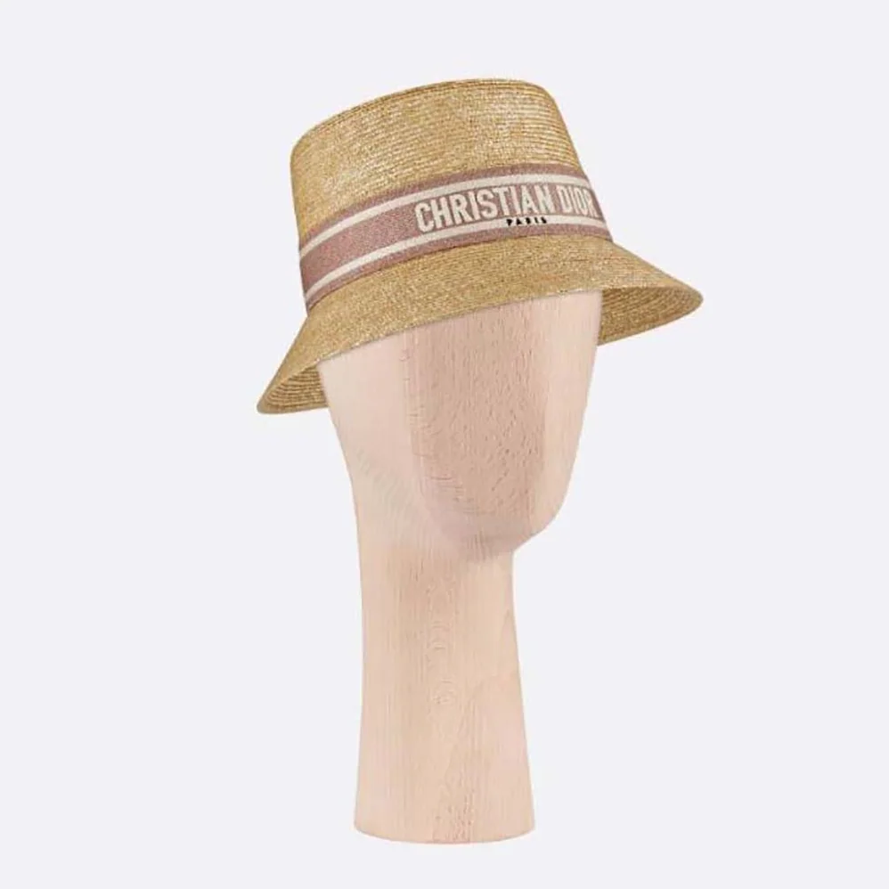 Dior Dioresort Small Brim Hat Natural Straw and Pink Embroidered Band for Women
