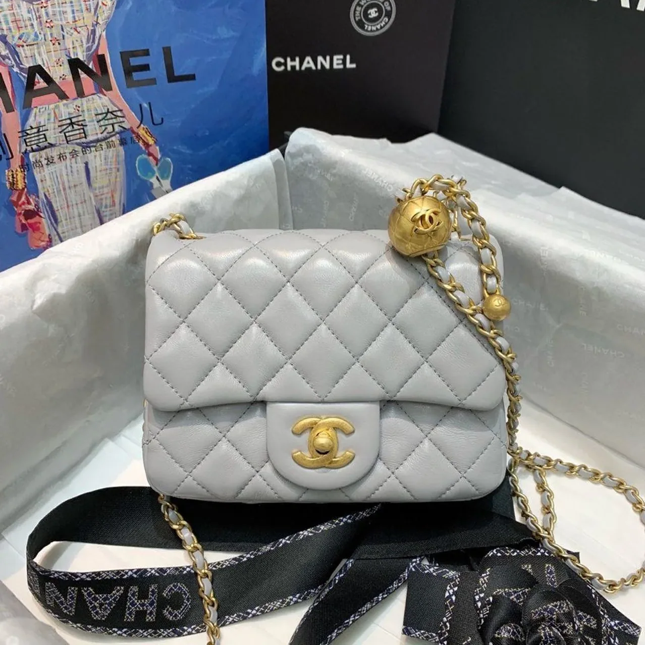 Chanel Classic Flap Bag With Charm Chain Mini Crossbody in Grey Gold Hardware