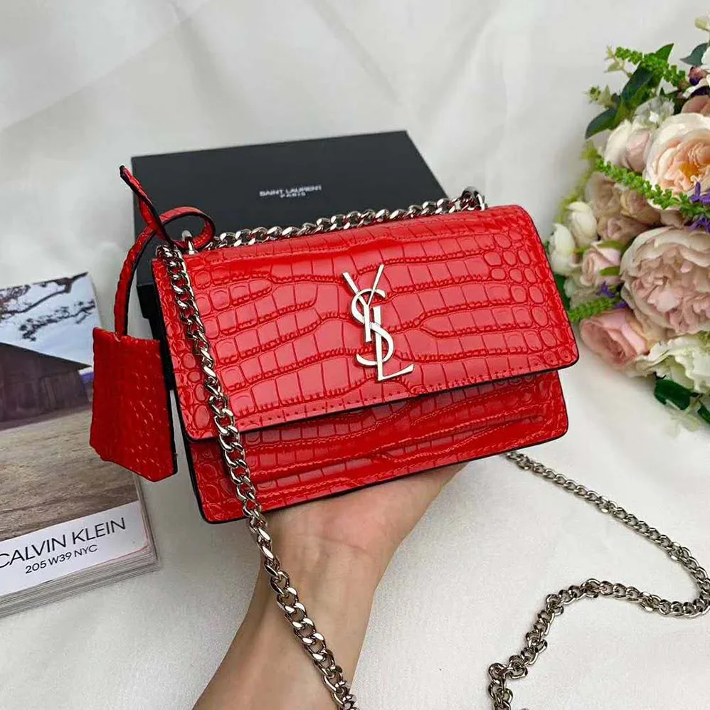 Saint Laurent YSL Sunset Medium Crocodile Embossed Shiny for Women in Red