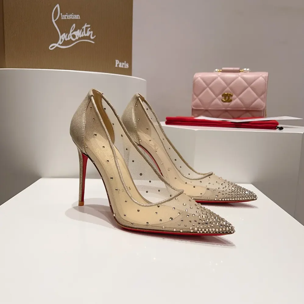Christian Louboutin Follies Strass 100 mm Pumps Net Suede Calf and Strass for Women in Beige Christian Louboutin Follies Strass 100 mm Pumps Net Suede Calf and Strass for Women in Beige
