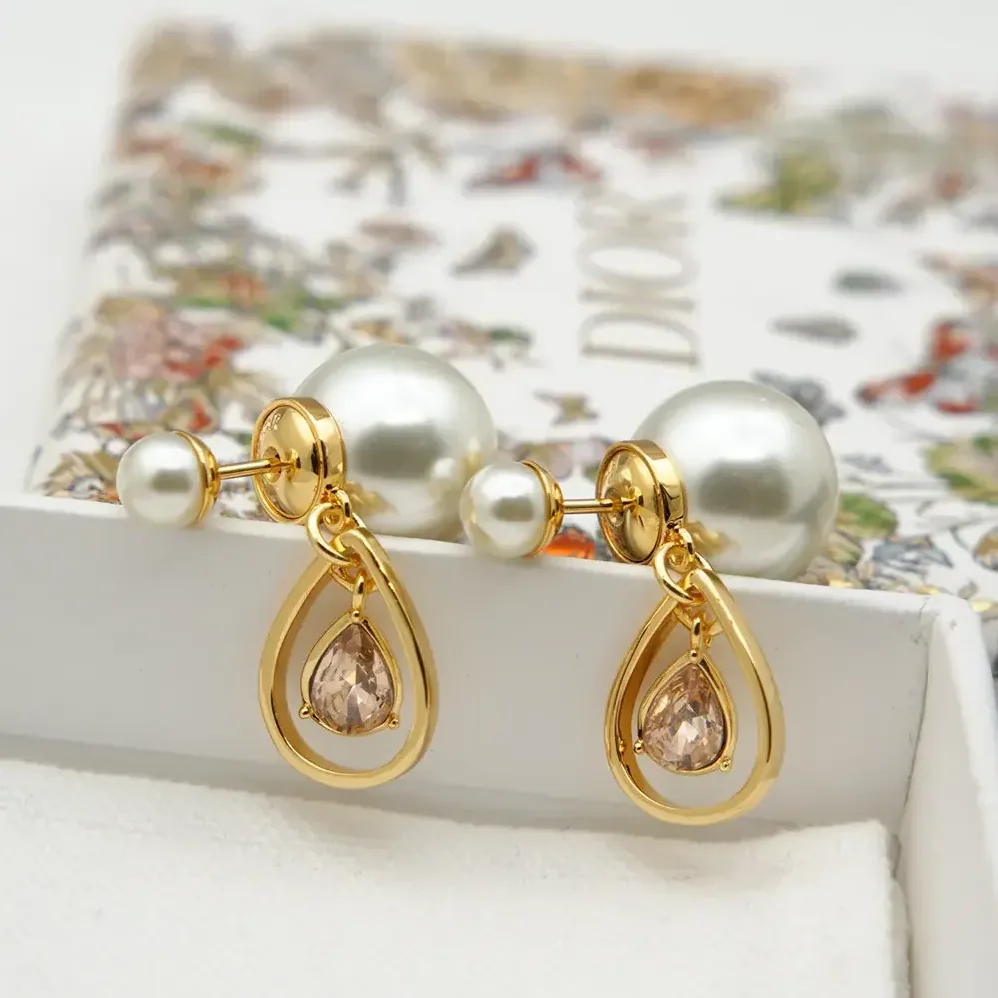 Dior Tribales Earrings Gold-Finish Metal with White Resin Pearls and Champagne Crystals for Women Dior Tribales Earrings Gold-Finish Metal with White Resin Pearls and Champagne Crystals for Women