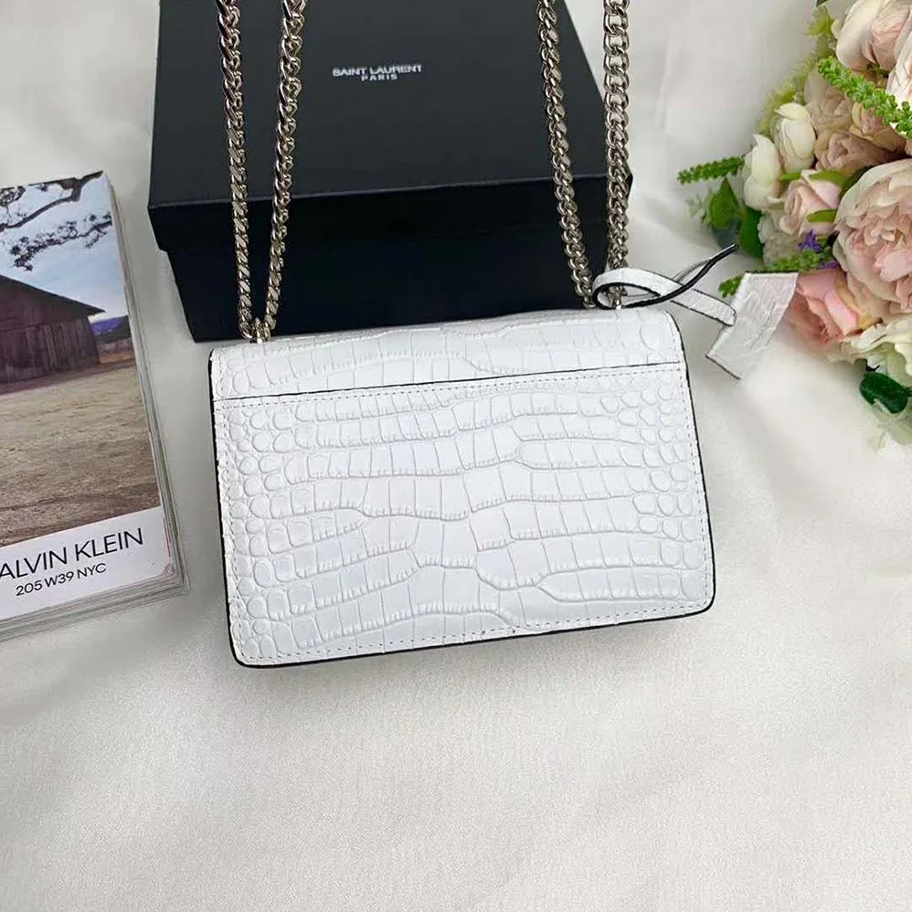 Saint Laurent YSL Sunset Medium Crocodile Embossed Shiny for Women in White Saint Laurent YSL Sunset Medium Crocodile Embossed Shiny for Women in White