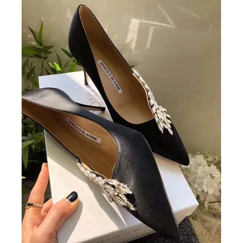 Manolo Blahnik Shoes Nadira Satin Jewel Buckle Pumps 90mm Heel for Women in Black