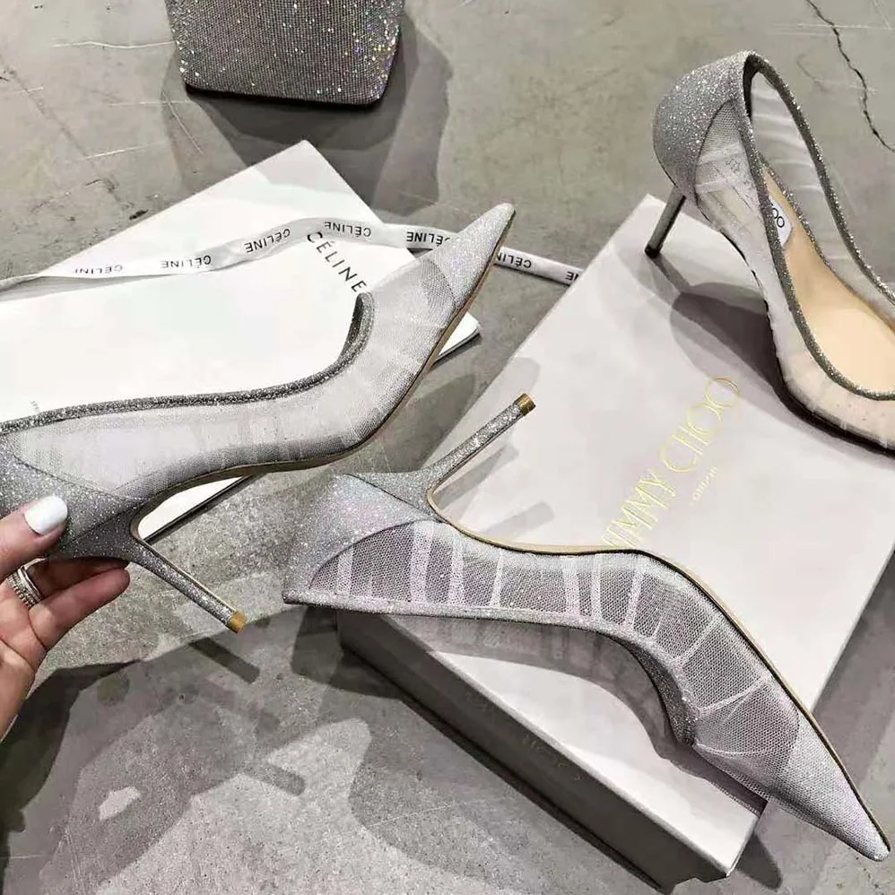 Jimmy Choo Love 100 Metallic Silver Glitter Fabric Pumps with Ivory Tulle Overlay for Women Jimmy Choo Love 100 Metallic Silver Glitter Fabric Pumps with Ivory Tulle Overlay for Women