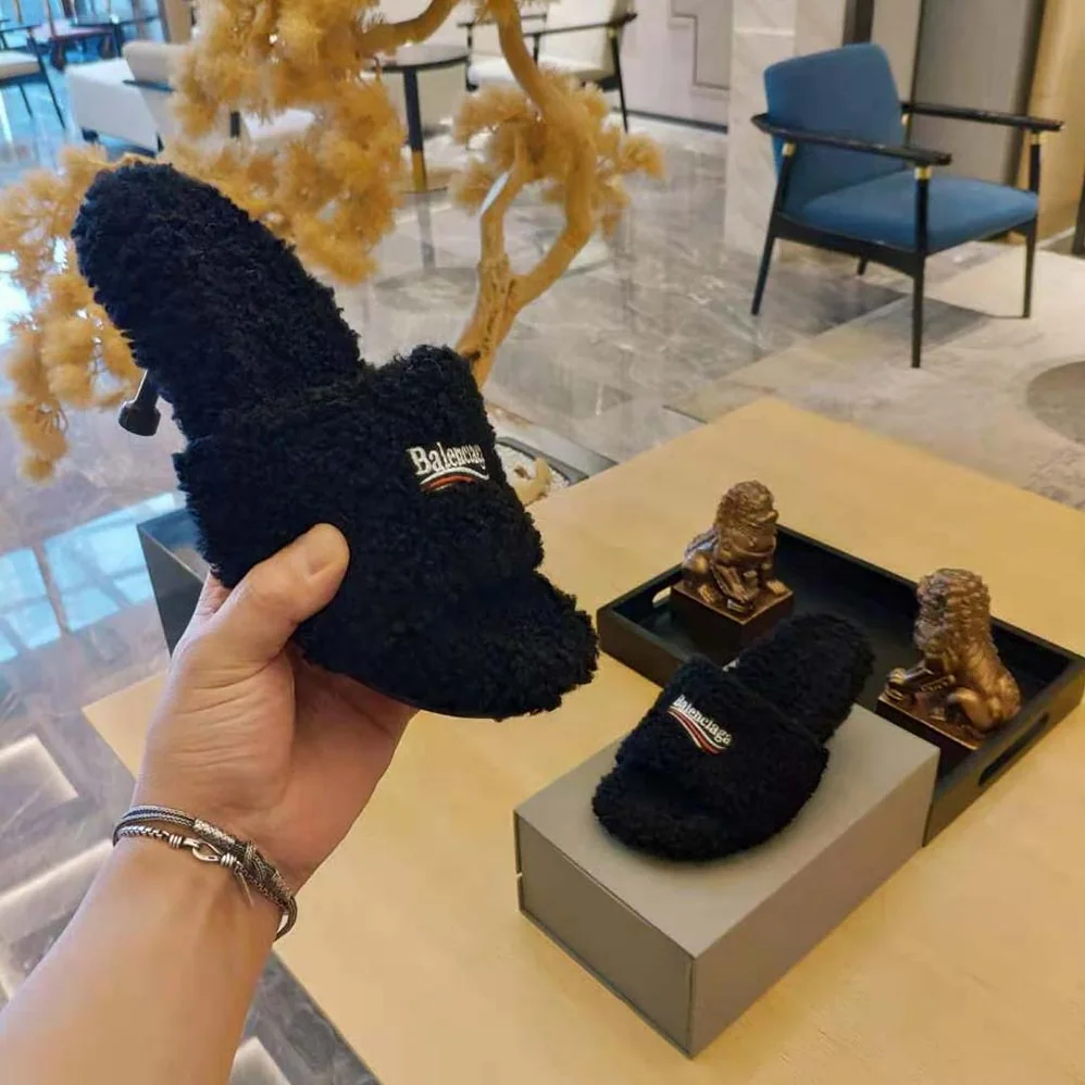 Balenciaga Furry 80mm Sandal in Black Fake Shearling for Women Balenciaga Furry 80mm Sandal in Black Fake Shearling for Women