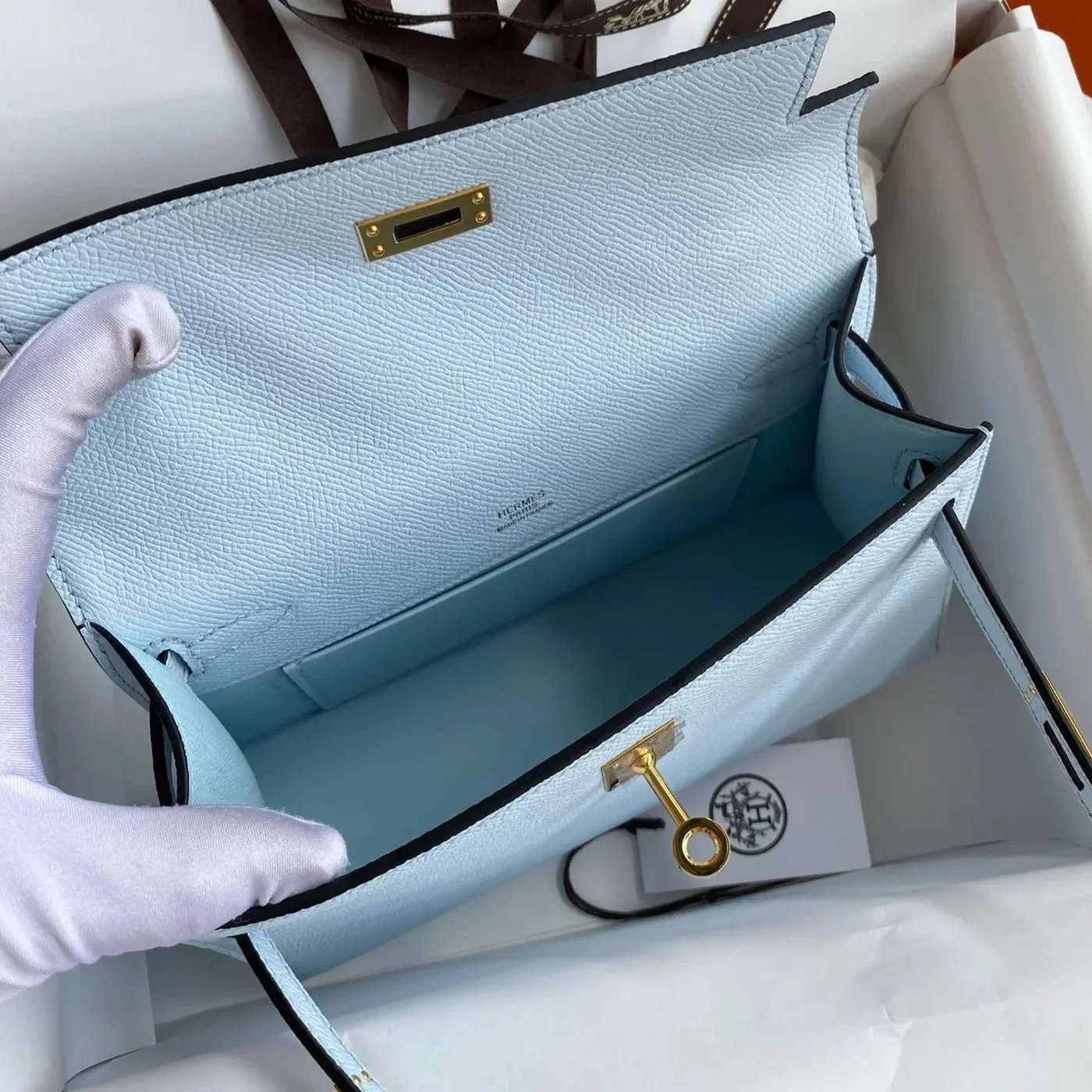 Hermes Kelly Pochette Top Handle Bag / Sky Blue Epsom Gold Hardware