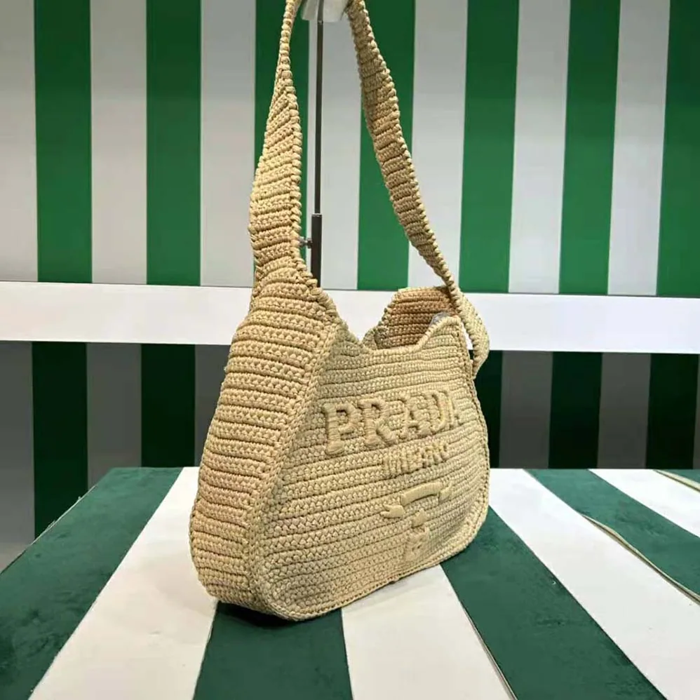 Prada Crochet Tote Bag with Embroidered Lettering Logo for Women in Natural Prada Crochet Tote Bag with Embroidered Lettering Logo for Women in Natural