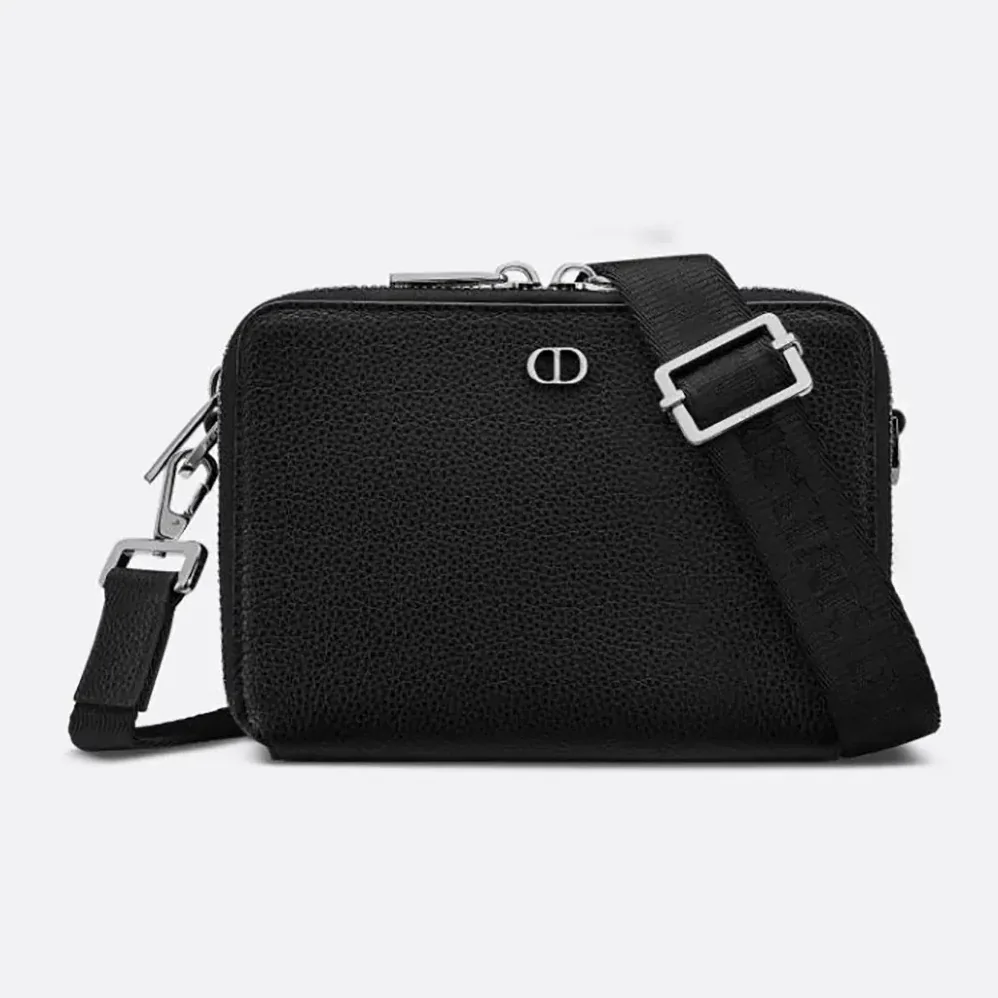 Dior CD Icon Zipped Pouch with Strap Black Grained Calfskin for Men
