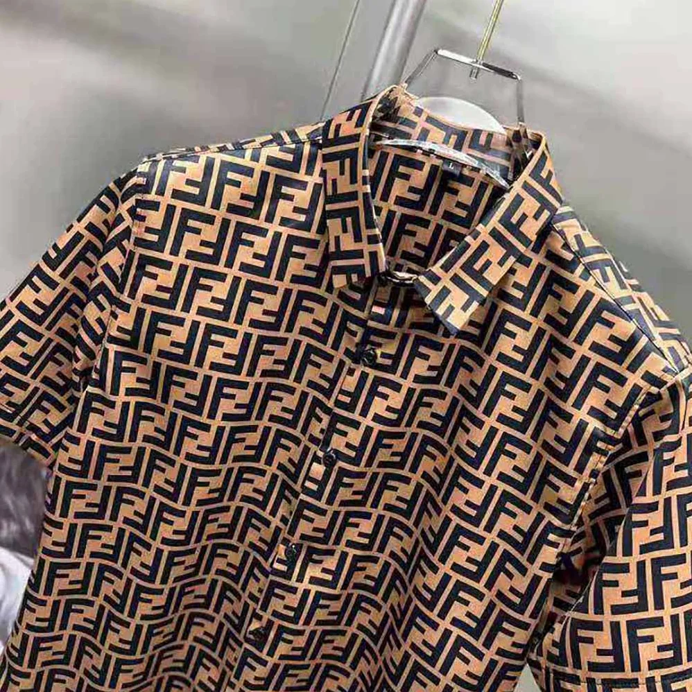 Fendi Brown Silk Shirt with FF Motif Printed All Over for Men Fendi Brown Silk Shirt with FF Motif Printed All Over for Men