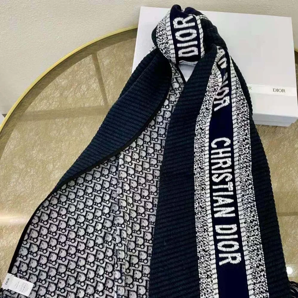 Dior Oblique University Reversible Scarf Navy Blue Wool and Silk for Women Dior Oblique University Reversible Scarf Navy Blue Wool and Silk for Women