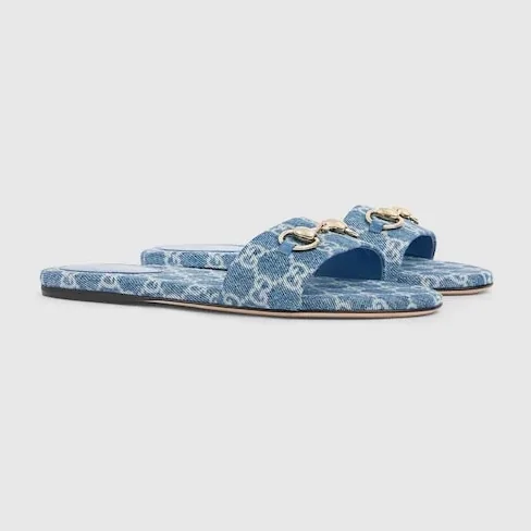 Gucci Horsebit Slide Sandals Blue Denim