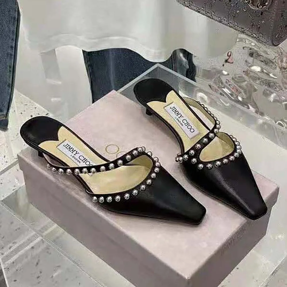 Jimmy Choo ROS 35 Black Nappa Leather Mules with Silver Dome Studs for Women Jimmy Choo ROS 35 Black Nappa Leather Mules with Silver Dome Studs for Women
