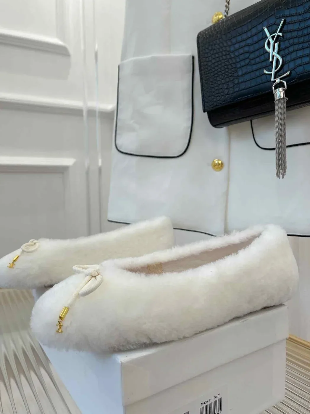 Celine Les Ballerines Celine Ballerina With Triomphe Laces And Fur White Celine Les Ballerines Celine Ballerina With Triomphe Laces And Fur White