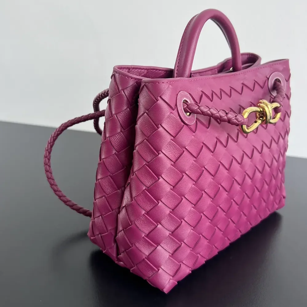 Bottega Veneta Small Andiamo Intrecciato Leather Top Handle Bag for Women in Rose Bottega Veneta Small Andiamo Intrecciato Leather Top Handle Bag for Women in Rose