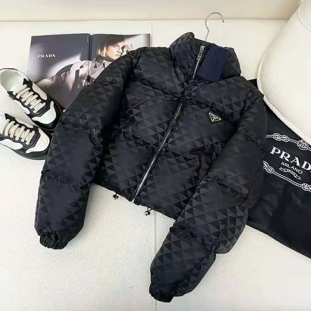 Prada Re-Nylon Cropped Hooded Down Jacket for Women in Black Prada Re-Nylon Cropped Hooded Down Jacket for Women in Black
