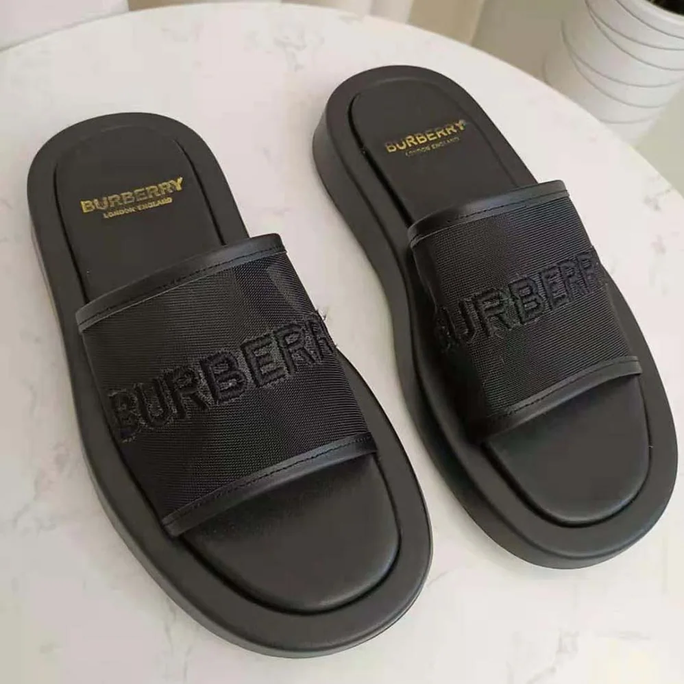 Burberry Embroidered Logo Mesh and Leather Slides for Women Burberry Embroidered Logo Mesh and Leather Slides for Women