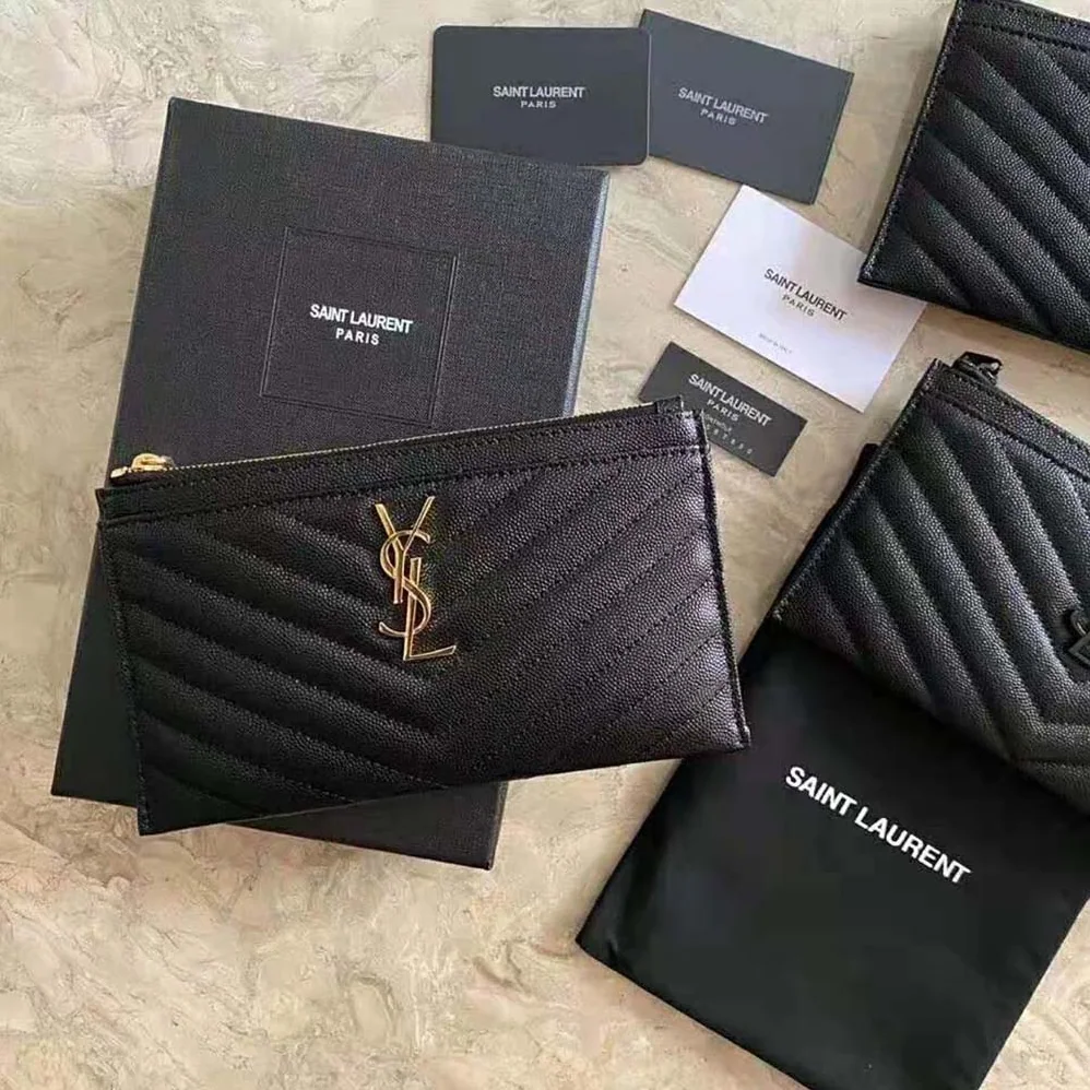 Saint Laurent YSL Monogram Bill Pouch in Grain DE Poudre Embossed Leather for Women in Black Saint Laurent YSL Monogram Bill Pouch in Grain DE Poudre Embossed Leather for Women in Black