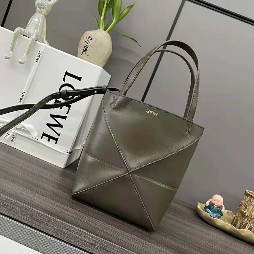 Loewe Mini Puzzle Fold Tote in Shiny Calfskin for Unisex in Green Loewe Mini Puzzle Fold Tote in Shiny Calfskin for Unisex in Green