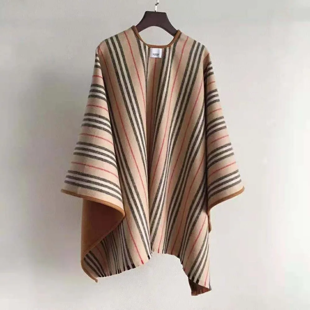 Burberry Lcon Stripe Detail Wool Cape for Women in Brown