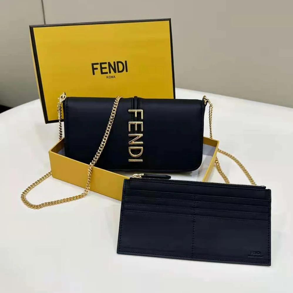 Fendi Fendigraphy Phone Pouch Black Leather Wallet for Women