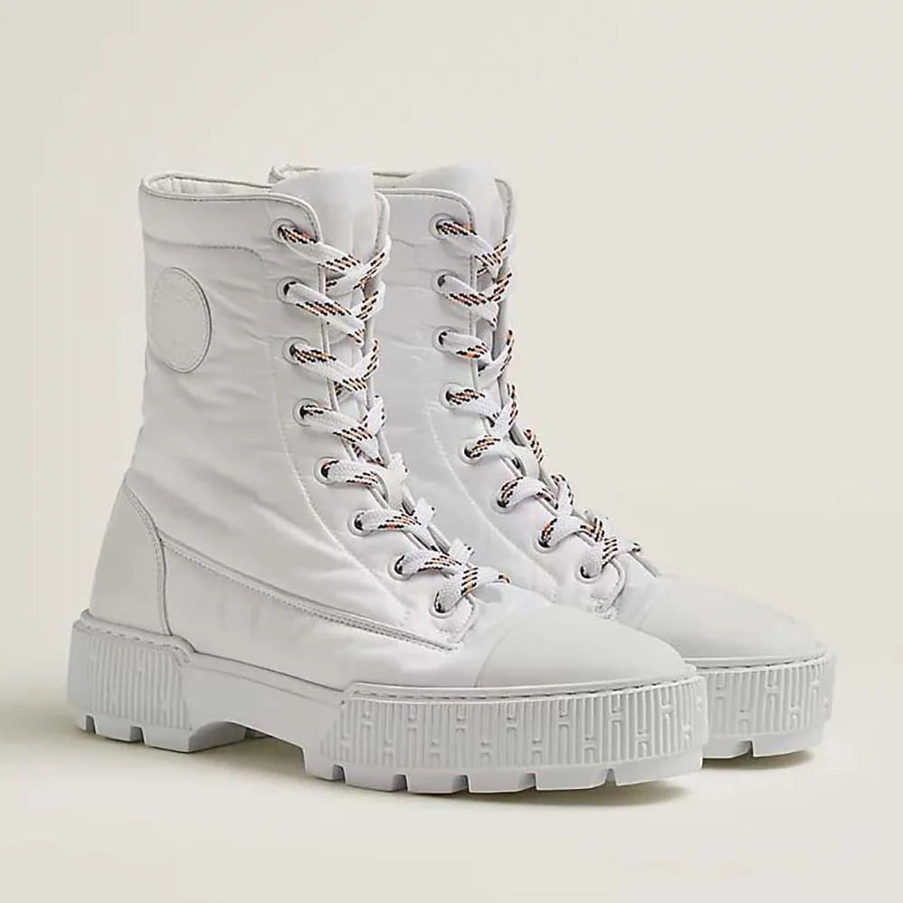 Hermes Fresh Ankle Boot in Calfskin and Light Parachute Fabric with Rubber Sole for Unisex in White