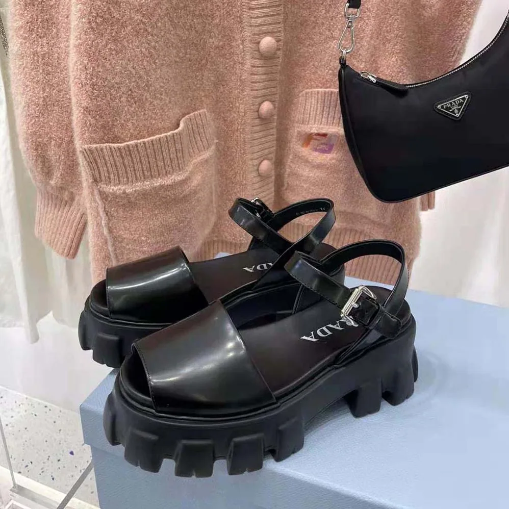 Prada Monolith Brushed Leather Sandals in 55mm Heel for Women in Black