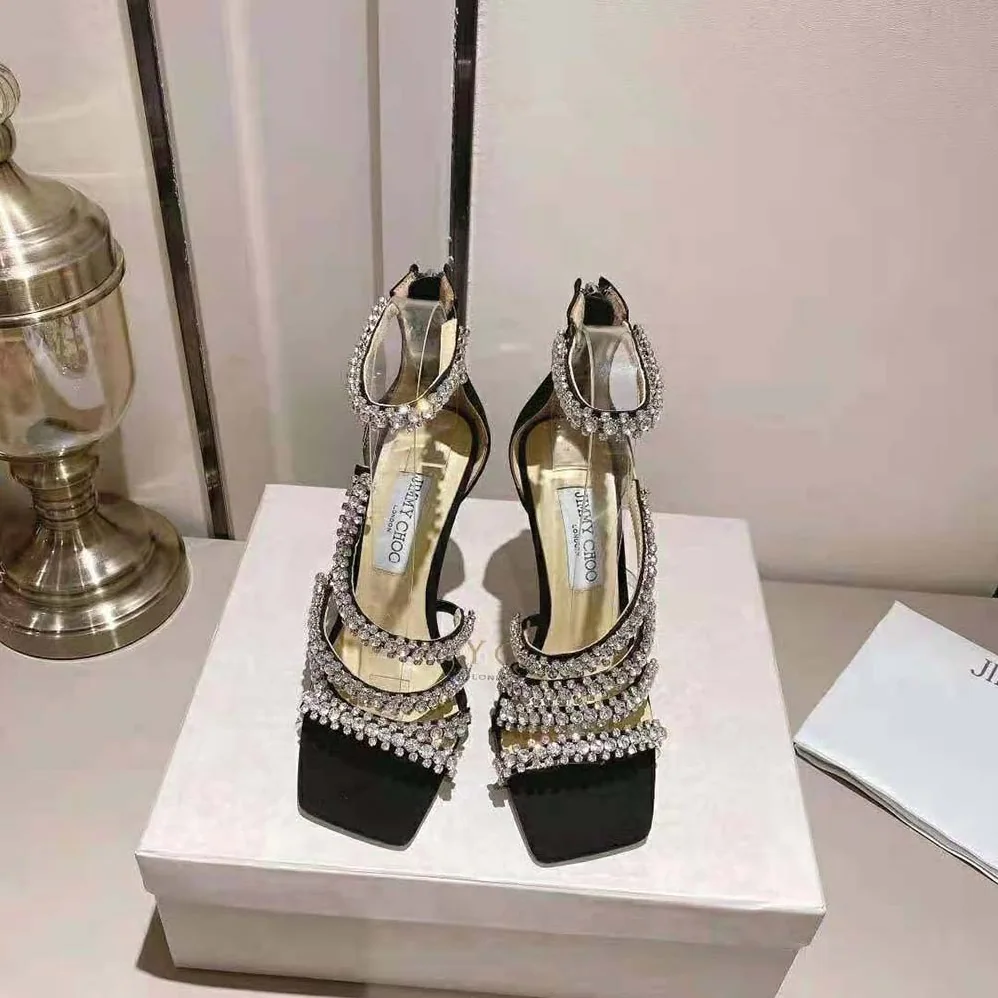 Jimmy Choo Josefine 100 Black Suede Sandals with Crystal Embellishment for Women Jimmy Choo Josefine 100 Black Suede Sandals with Crystal Embellishment for Women