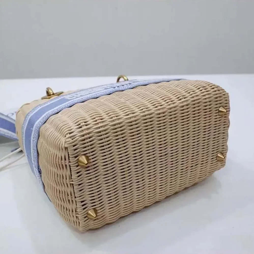 Dior Medium Lady Dior Bag Natural Wicker and Light Blue Dior Oblique Jacquard for Women