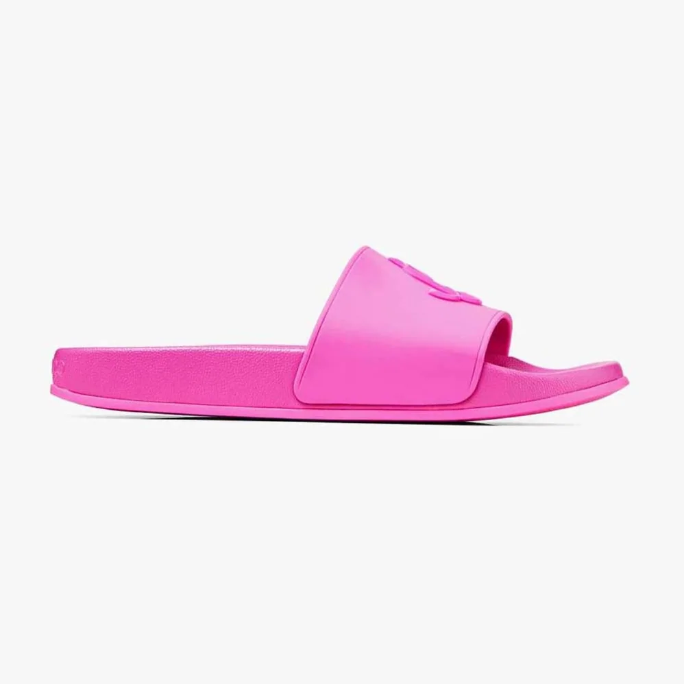 Jimmy Choo Port/F Neon Pink Rubber Slides with JC Monogram for Women Jimmy Choo Port/F Neon Pink Rubber Slides with JC Monogram for Women