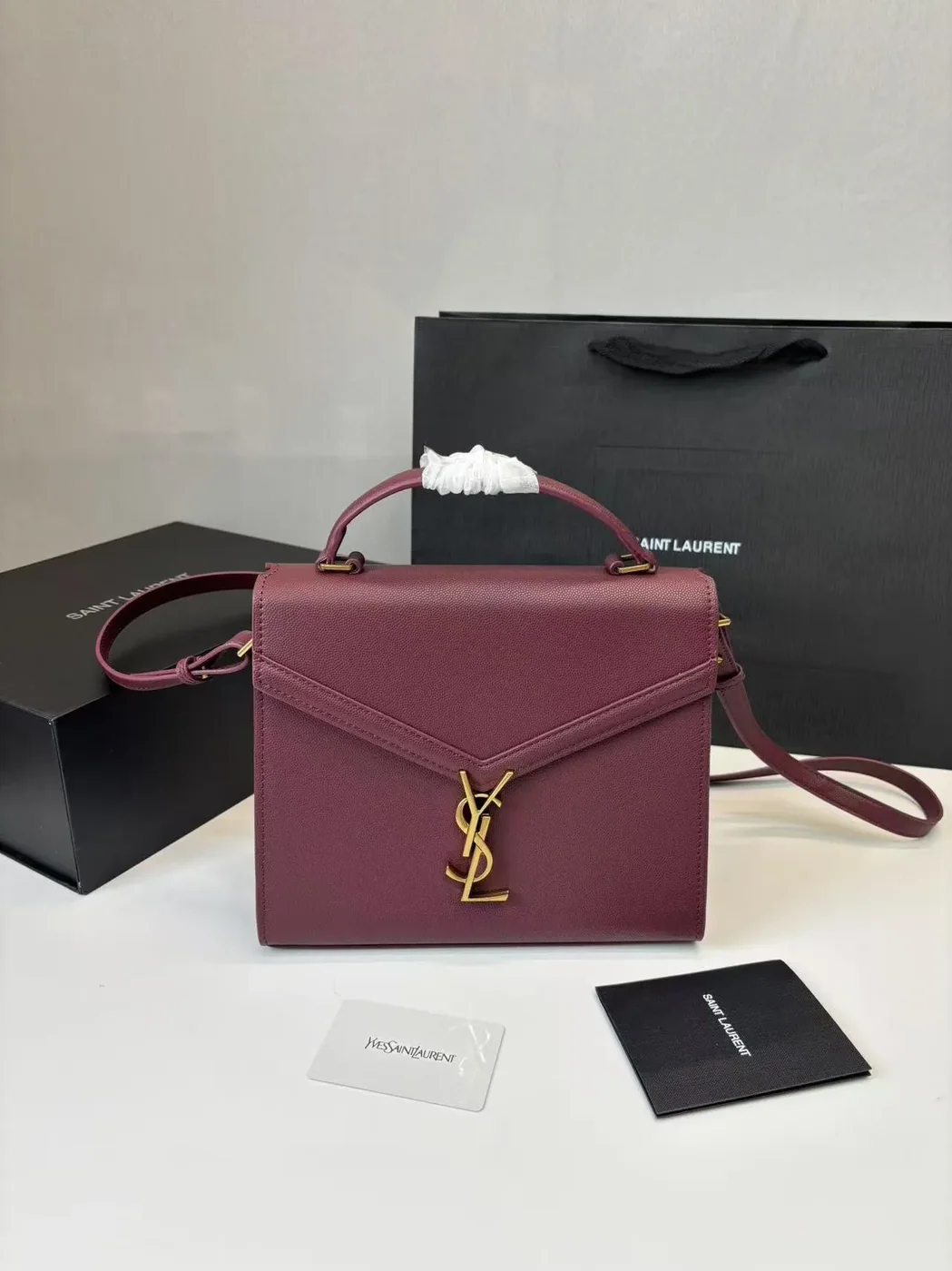 Saint Laurent Cassandra Medium Top Handle Bag Deep Burgundy in YSL Saint Laurent Cassandra Medium Top Handle Bag Deep Burgundy in YSL