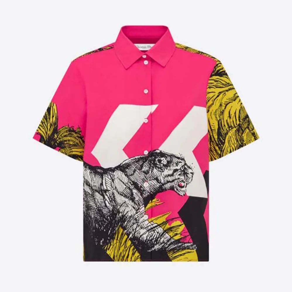 Dior Short-Sleeved Blouse Pink Cotton Poplin with Multicolor D for Women in Tiger Pop Motif