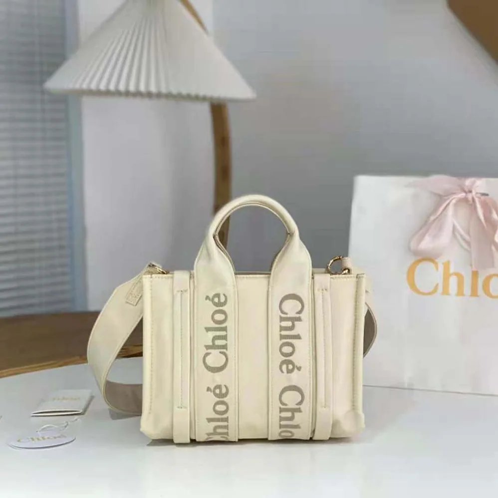 Chloe Small Woody Tote Bag for Women in White Chloe Small Woody Tote Bag for Women in White