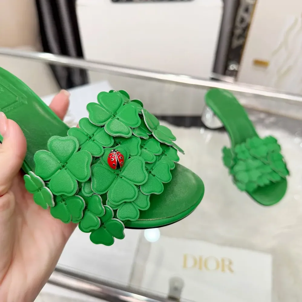 Dior Bloom Heeled Slide Green Dior Clover Embroidered Lambskin for Women Dior Bloom Heeled Slide Green Dior Clover Embroidered Lambskin for Women