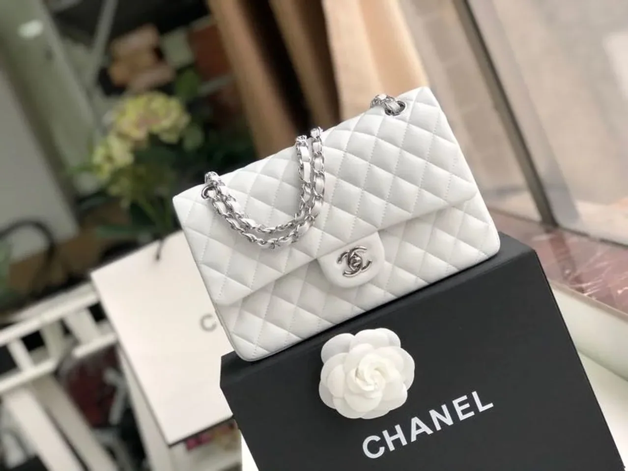 Chanel Classic Double Flap Bag Medium Crossbody in White Silver Hardware