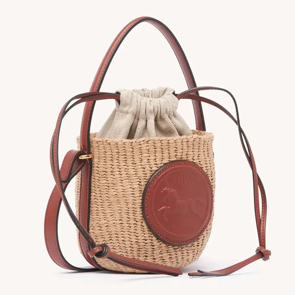 Chloe Mini Horse Medal Basket Bag in Natural Fibers for Women in Brown Chloe Mini Horse Medal Basket Bag in Natural Fibers for Women in Brown