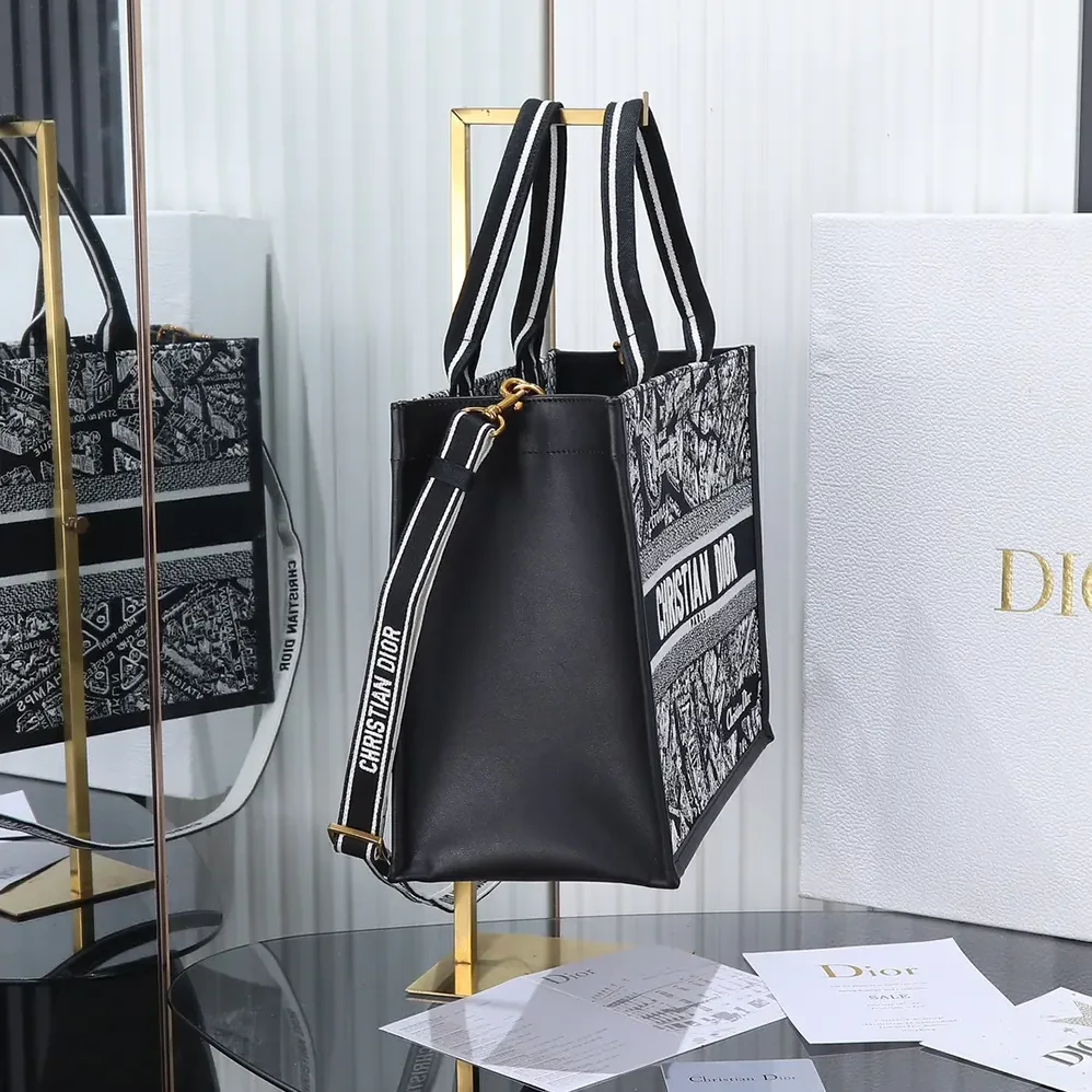 Dior Medium Dior Book Tote Black and White Plan de Paris Embroidery with Black Calfskin for Women Dior Medium Dior Book Tote Black and White Plan de Paris Embroidery with Black Calfskin for Women
